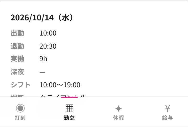カレンダーの日を押したときに出る詳細。日付、出勤10:00、退勤20:30、実働9h、深夜、シフト10:00〜19:00、場所、備考が一覧で表示されている。