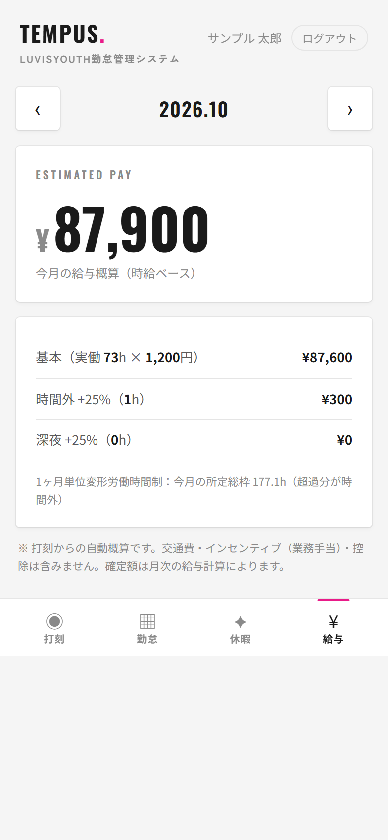 給与タブ。ESTIMATED PAY の見出しの下に大きく概算金額、その下に基本・時間外+25%・深夜+25%の内訳、注意書きが表示されている。